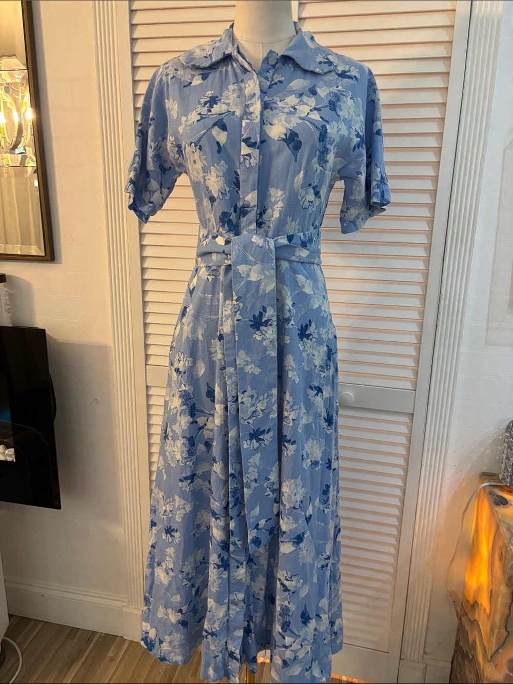 Buru linen Light Blue Floral Maxi Shirt Dress with Waist Tie, XS